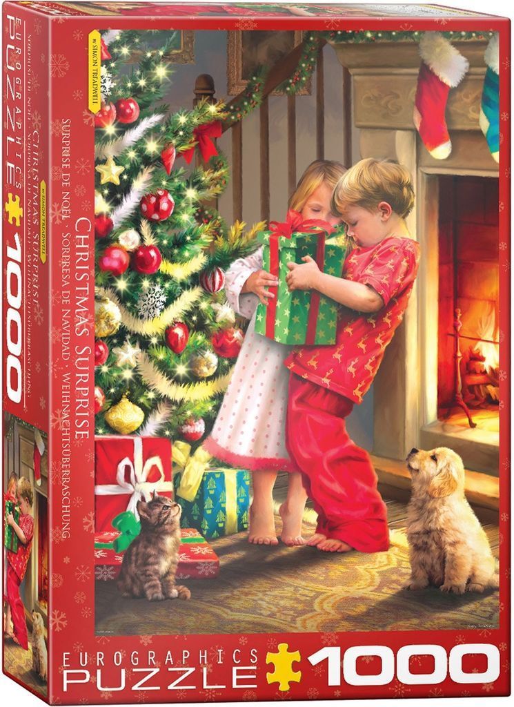 Two young children opening a Christmas present beside a decorated tree and a fireplace with a cat and dog.