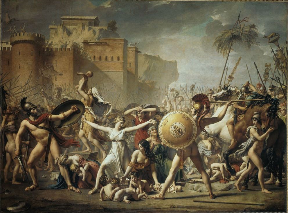 A Neoclassical painting depicting a chaotic ancient battle scene with women intervening between two warriors.