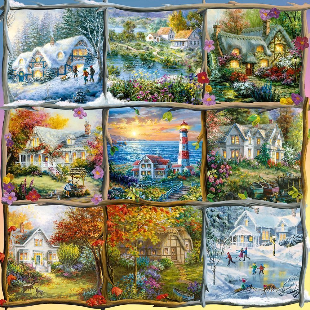 A collage of nine idyllic, season-themed cottage scenes framed by a rustic tree-branch trellis.