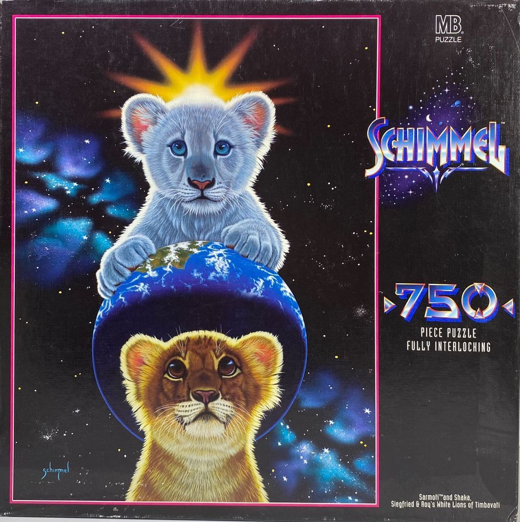 A white lion cub and a tawny lion cub depicted in deep space with a stylized earth globe.