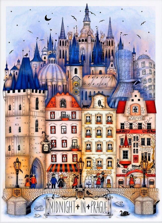 Whimsical illustration of an idealized Prague cityscape at night with a stone bridge in the foreground.