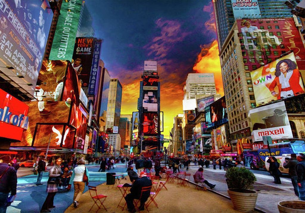 A vibrant, dramatic sunset over a bustling, neon-lit city intersection packed with towering advertisements.