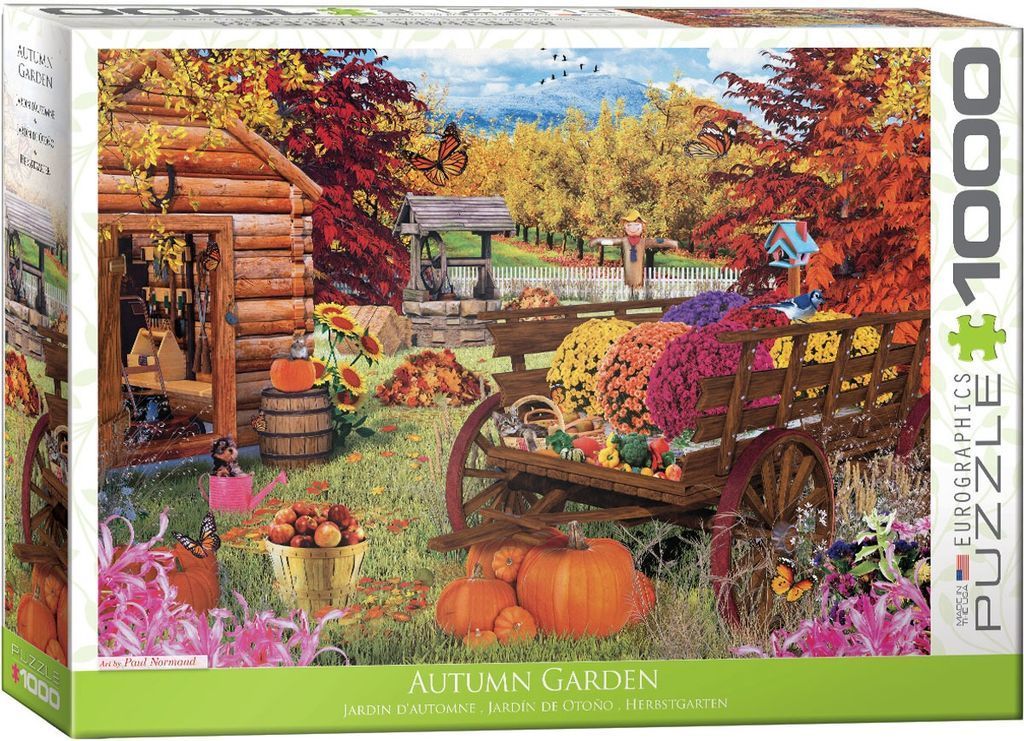 A cozy autumn garden scene with a log cabin, a wooden wagon filled with chrysanthemums, and pumpkins on a grassy lawn.