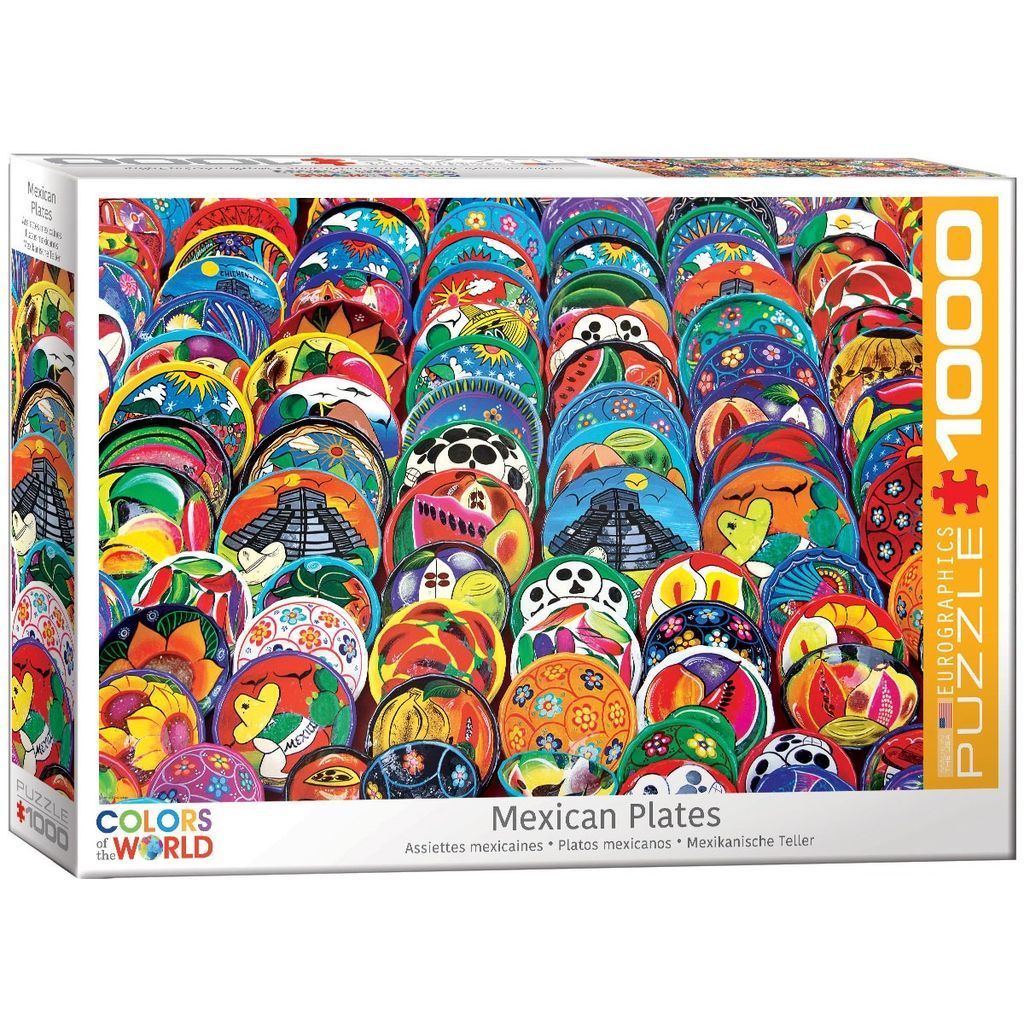 A collection of vibrant, hand-painted Mexican ceramic plates featuring diverse cultural motifs.