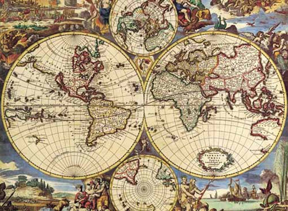 Antique-style double hemisphere map of the world with decorative allegorical figures.