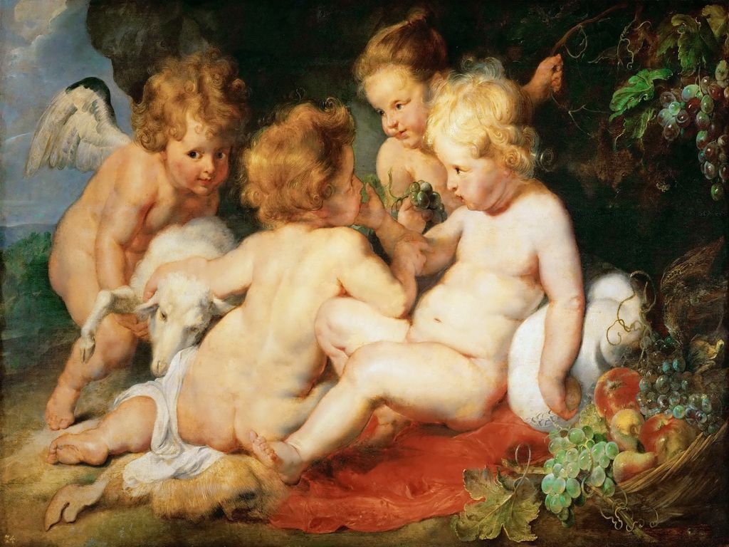 Painting of four cherubic children playing with a lamb and fruit