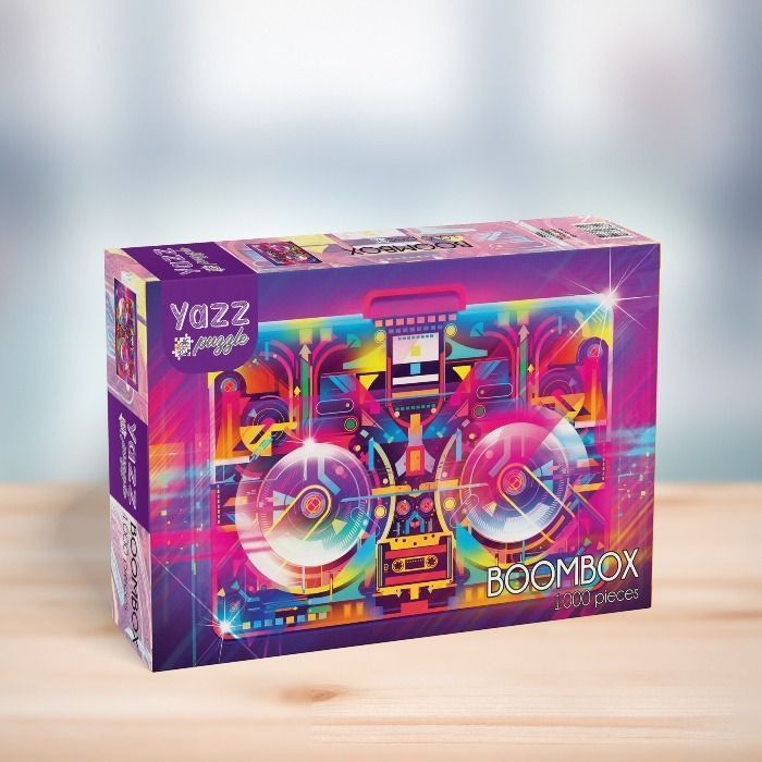 A stylized, neon-colored illustration of a 1980s-style boombox with abstract geometric patterns.