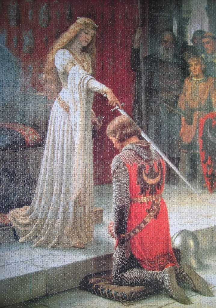 A noblewoman knighting a kneeling knight in a medieval hall.