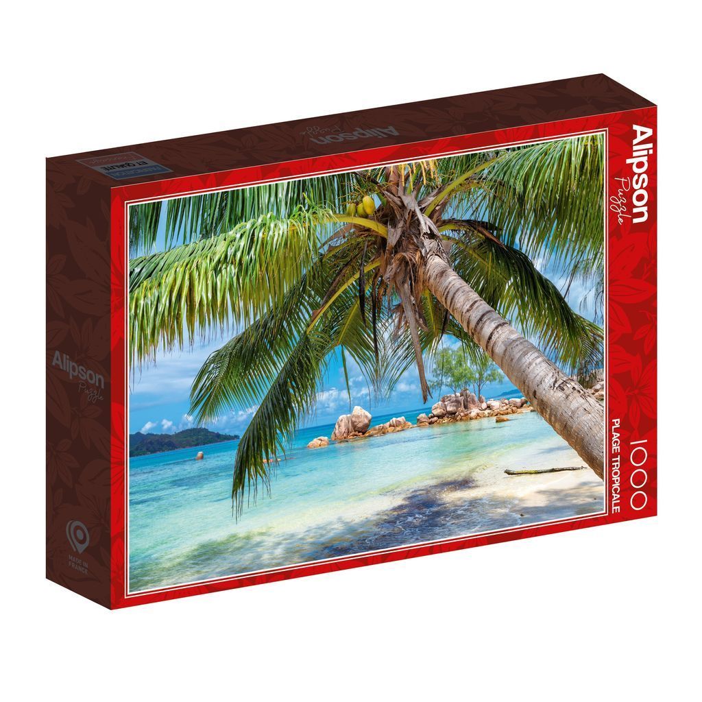 A tropical beach scene with a leaning coconut palm tree over crystal clear turquoise water and granite boulders.