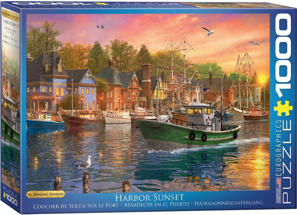 A peaceful harbor scene at sunset featuring a green fishing boat, historic buildings, and calm water.