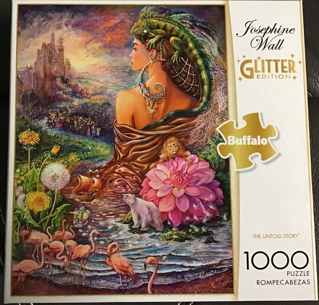 Surreal fantasy painting of a woman with an iguana on her head, surrounded by diverse wildlife and a distant castle.