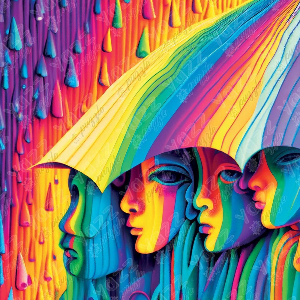 Close-up of four faces huddled under a vibrant rainbow-striped umbrella in the rain.