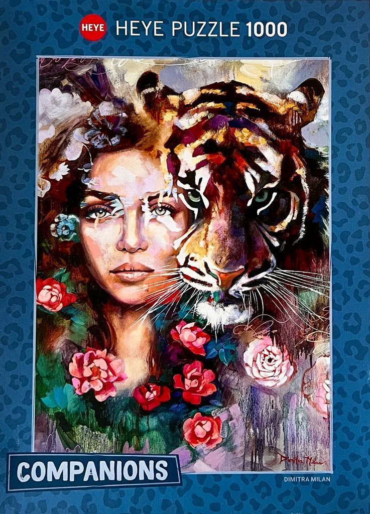An expressive oil painting of a woman's face merged with a tiger's head, surrounded by vibrant roses.