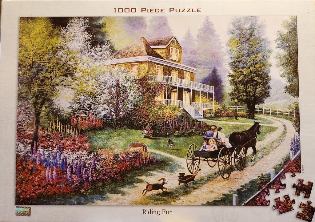 A Victorian home set in a lush spring garden with a family riding in a horse-drawn carriage.