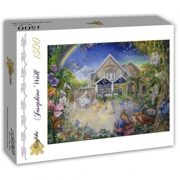 Whimsical fantasy illustration of a glowing house, fairies, and forest animals under a night sky with a rainbow.