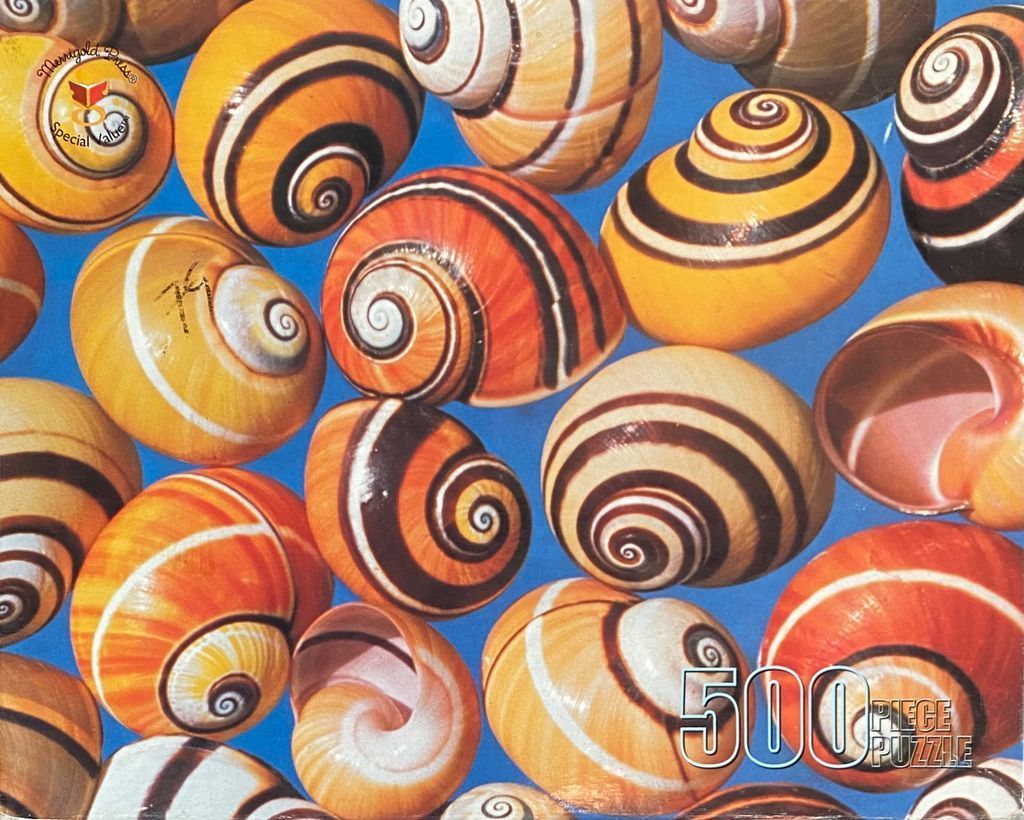 A collection of vibrant, spiral-patterned snail shells in various shades of yellow, orange, and red against a blue background