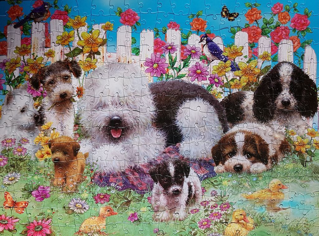 A group of diverse puppies resting in a vibrant flower garden with a white picket fence in the background.