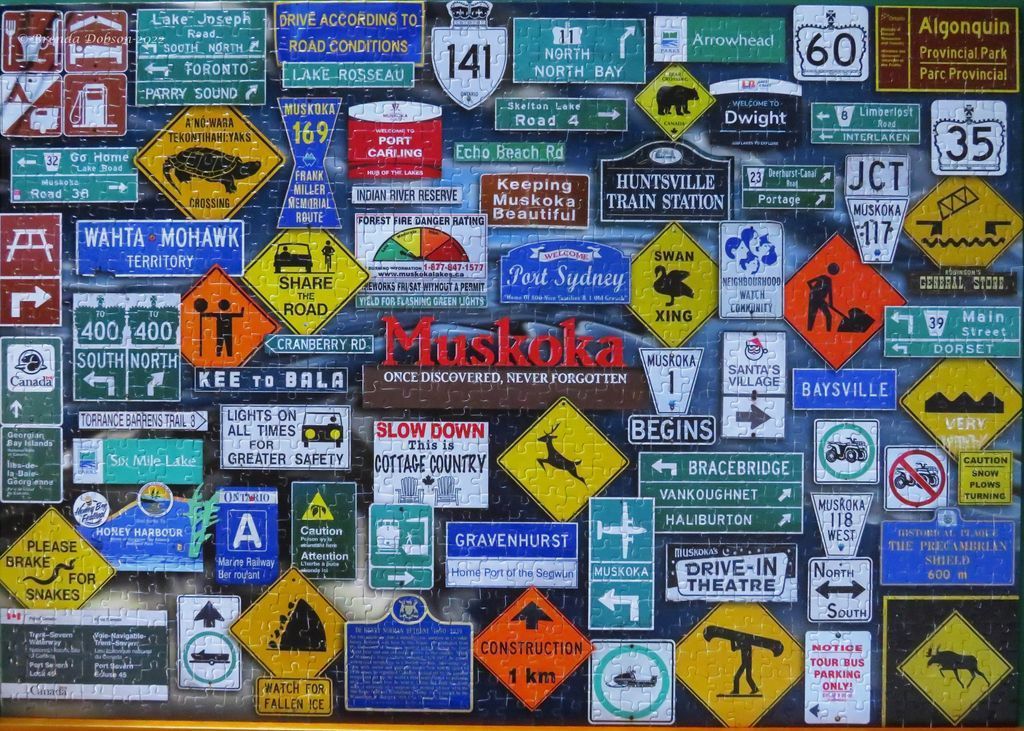 A collage of various road and informative signs from the Muskoka region of Ontario.
