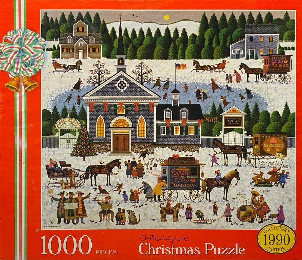 Folk art illustration of a snowy 19th-century village scene at Christmas with sleighs, a church, and carolers.