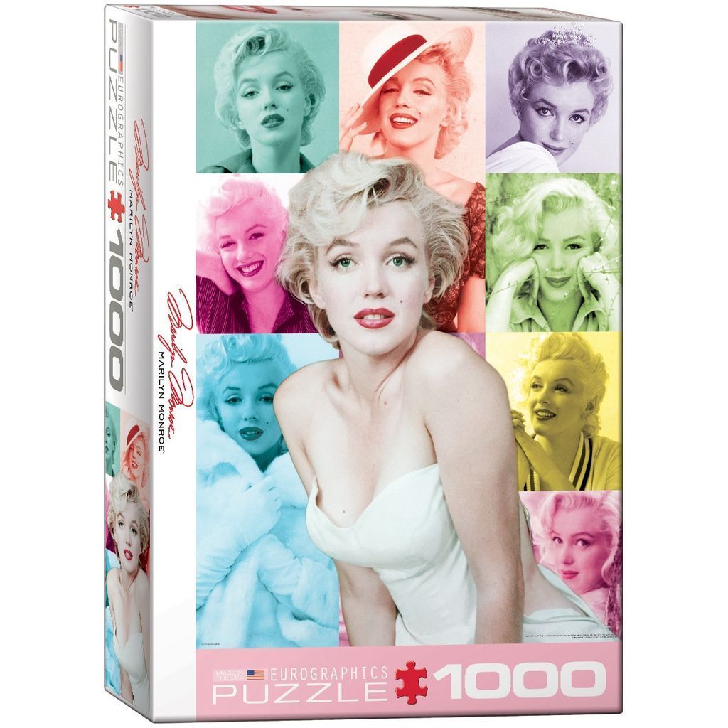 A collage of Marilyn Monroe portraits in various monochrome color tints surrounding a central image of the star.
