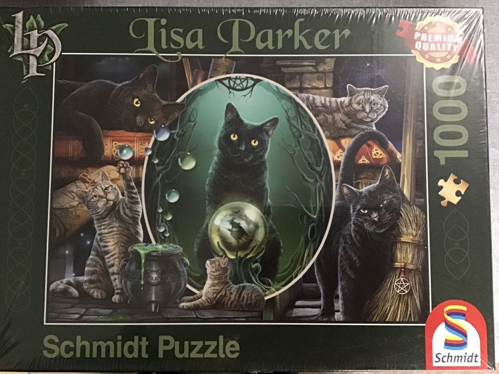 A whimsical illustration of five cats in a magical, witchy setting with a cauldron and a crystal ball.