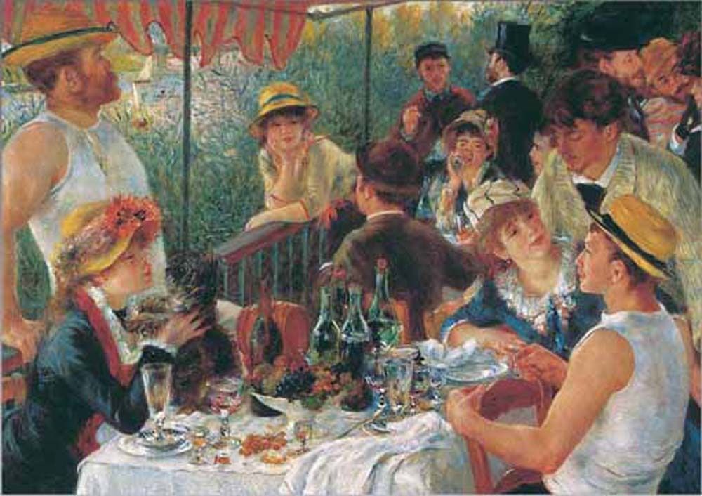 A lively outdoor group lunch scene featuring men and women in casual attire at a table with drinks and fruit.