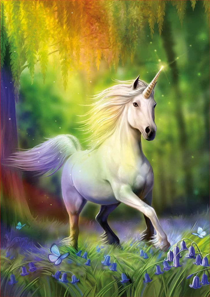 A majestic white unicorn with a shimmering mane trots through a magical forest filled with bluebells and butterflies.