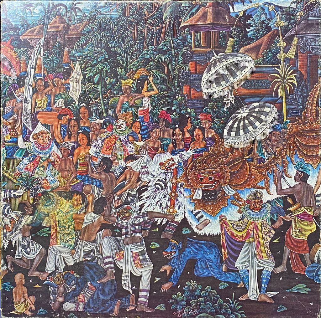 A detailed Balinese painting showing a crowded ceremonial procession with dancers in ornate traditional costumes and masks.