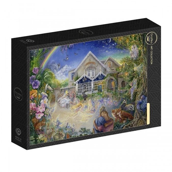 A whimsical fantasy illustration of a glowing manor house surrounded by fairies, woodland animals, and a magical night sky.
