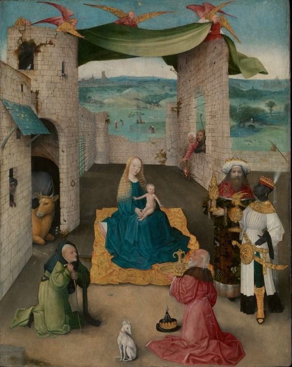 A painting of the Virgin Mary and Christ child receiving the Three Magi in a ruined courtyard setting.