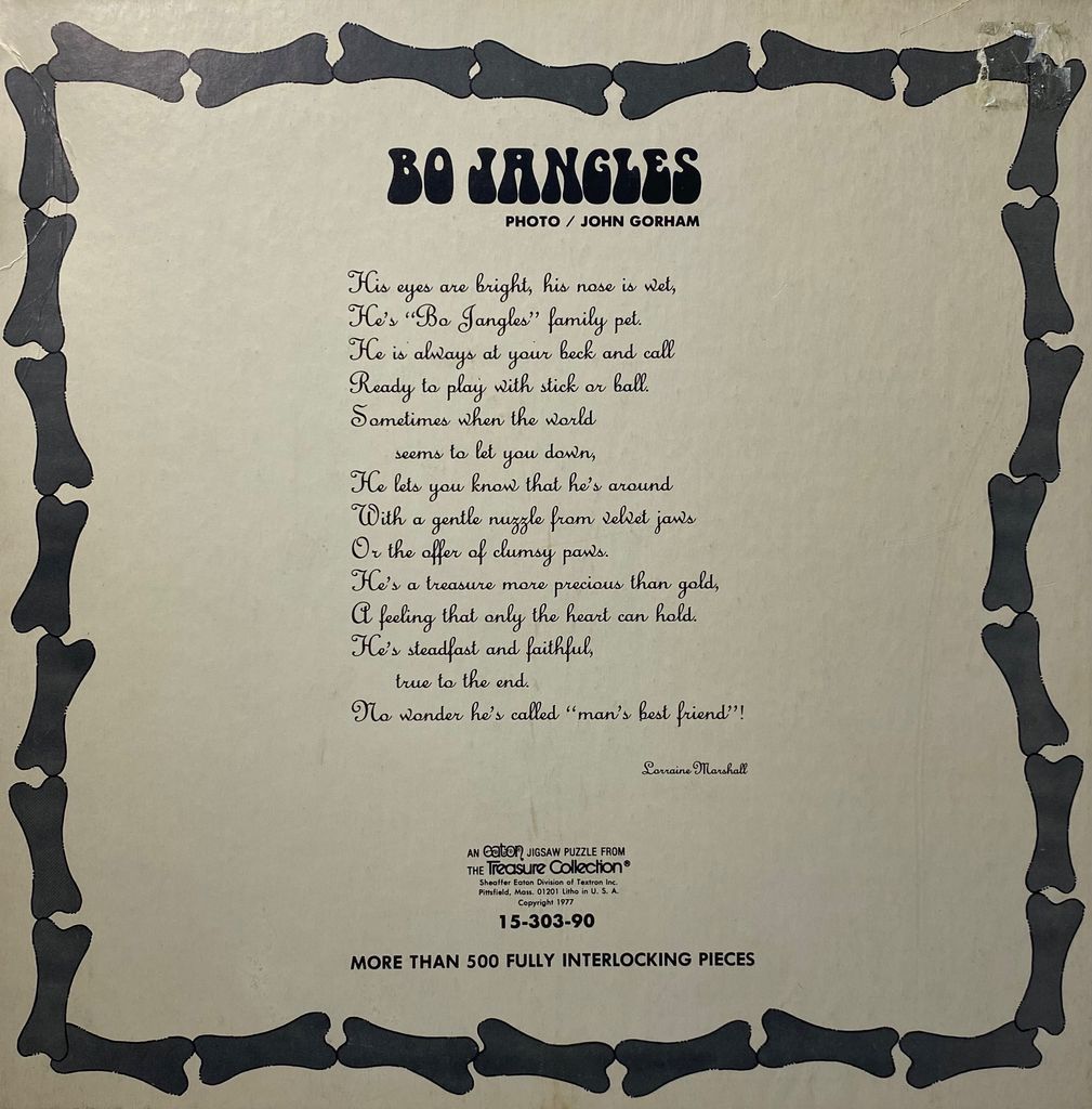 Bo Jangles dog portrait with poem in script font, bone-shaped border.