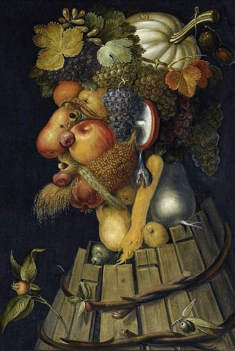 An anthropomorphic portrait created from fruits, vegetables, and plants in a style reminiscent of Arcimboldo.