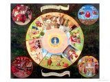 A collage of classic fairytale scenes arranged in a circular design against a dark, textured background.