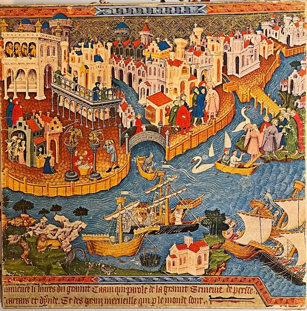 Medieval manuscript-style illustration depicting a fortified city by a river with ships, figures, and architectural details.