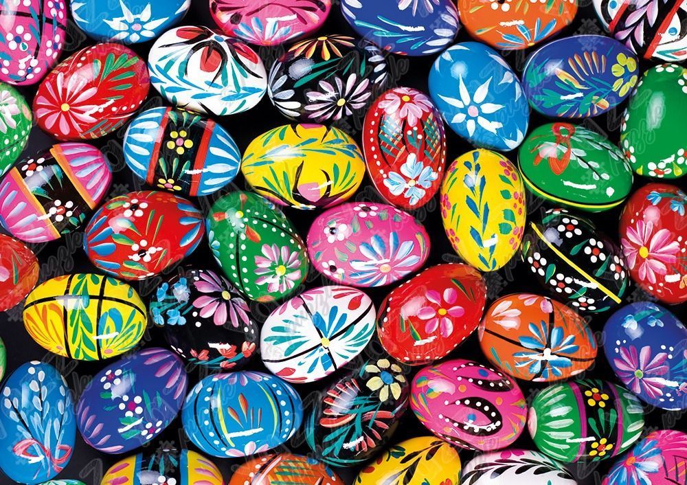 A dense collection of colorful, hand-painted Easter eggs featuring intricate floral and geometric patterns.