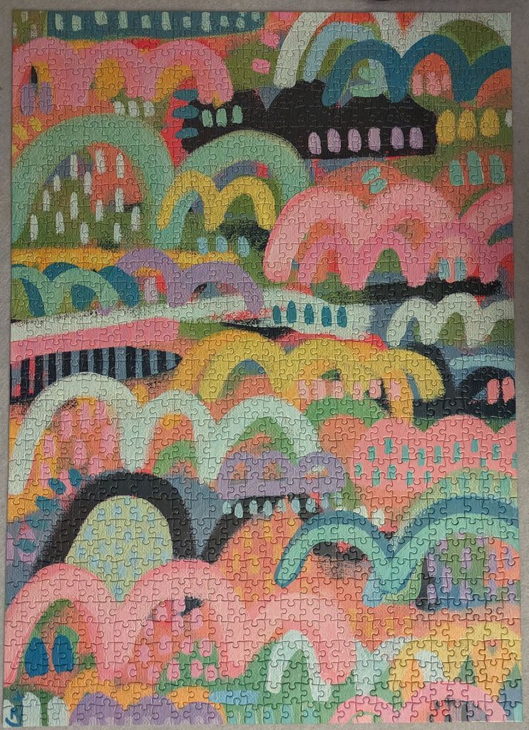 An abstract painting featuring a repeating pattern of colorful, overlapping arched shapes.