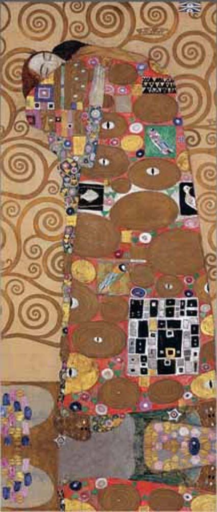 An ornate, stylized painting of an embracing couple draped in geometric, gold-patterned robes against a swirling background.