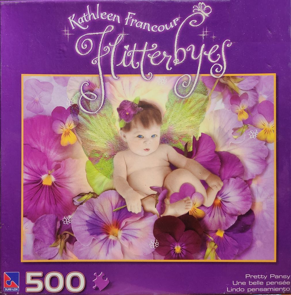 A whimsical illustration of a baby fairy with large wings nestled among large, vibrant purple and yellow pansies.
