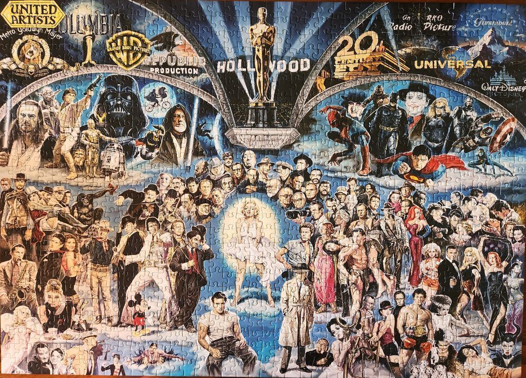 A montage of iconic film stars, characters, and studio logos arranged around a central golden Oscar statue.