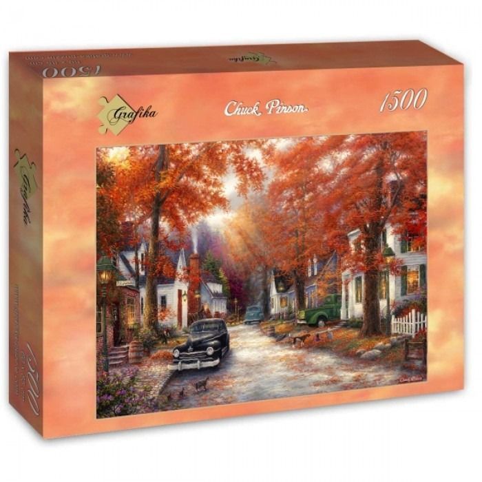 A nostalgic autumn village scene with old cars, vibrant orange trees, and warm sunlight filtering through branches.