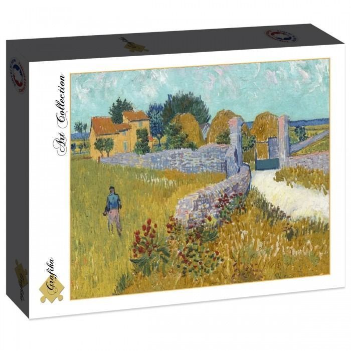 Impressionist painting of a field with a stone wall, a house, and a person walking in the distance
