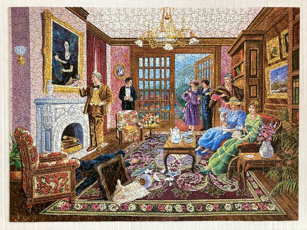 A drawing of a murder mystery scene in an opulent library with a body on the floor and guests in formal attire.