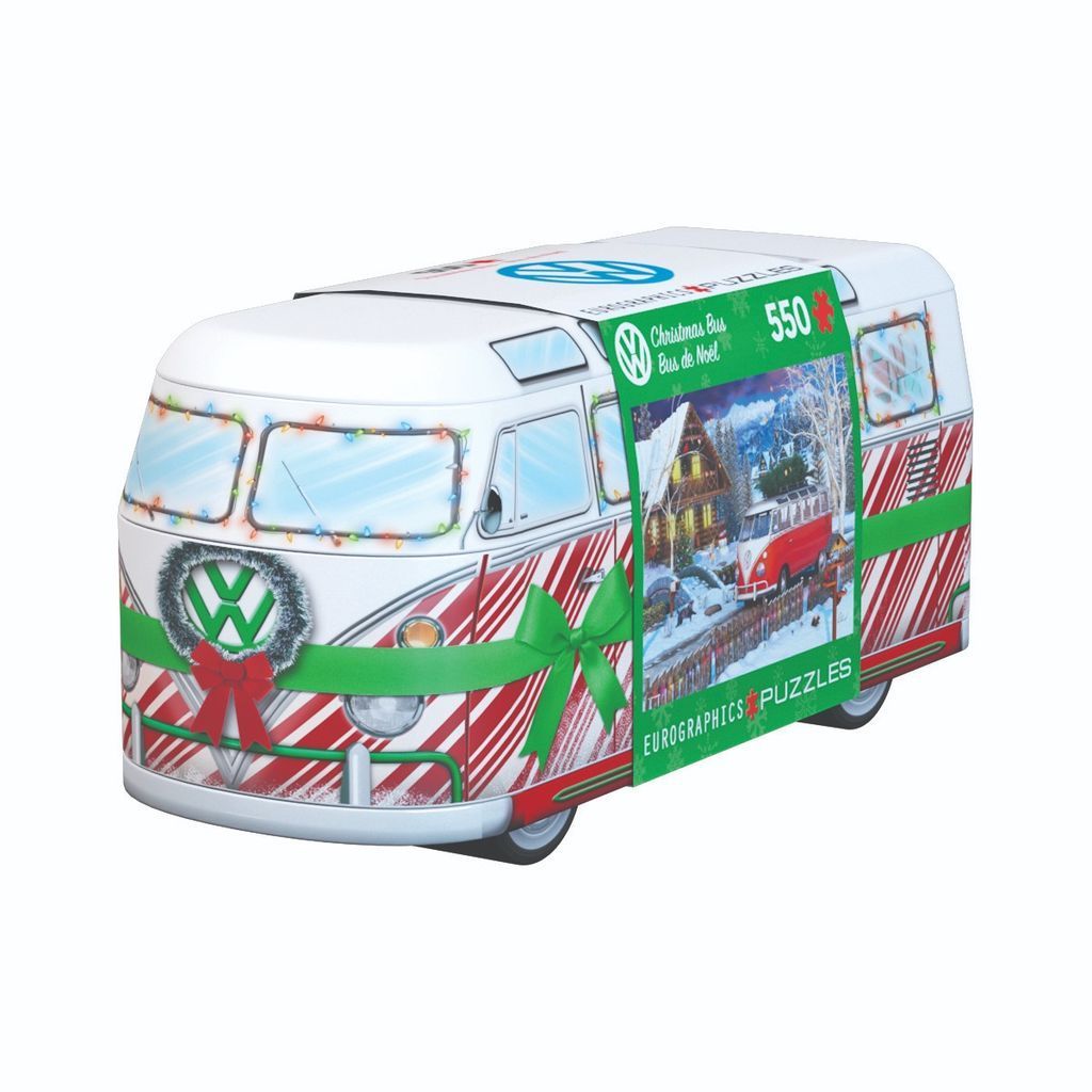 A festive illustration of a Volkswagen bus decorated for Christmas, wrapped with a green ribbon and wreath.