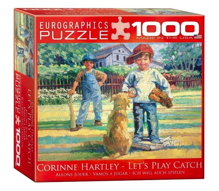 An impressionist painting of two boys and a dog playing baseball in a grassy yard.