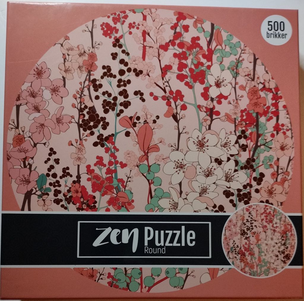 A circular floral illustration featuring cherry blossoms, berries, and foliage in shades of pink, red, and mint green.