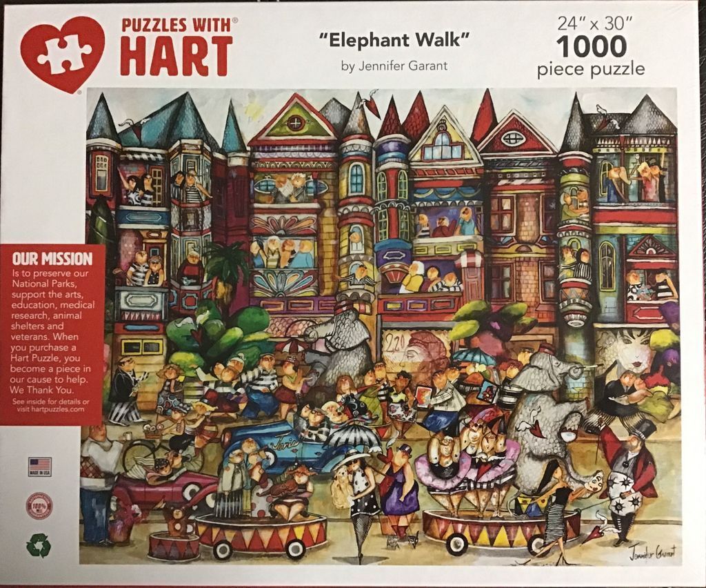 Whimsical, colorful illustration of a busy city street scene featuring people and elephants in a parade.