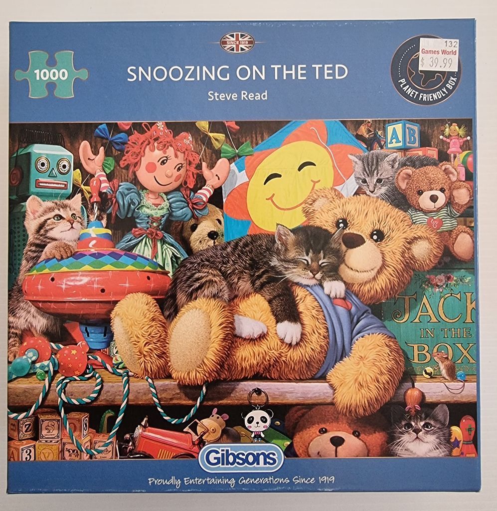A whimsical illustration of various stuffed toys and kittens gathered around a large teddy bear on a wooden shelf.