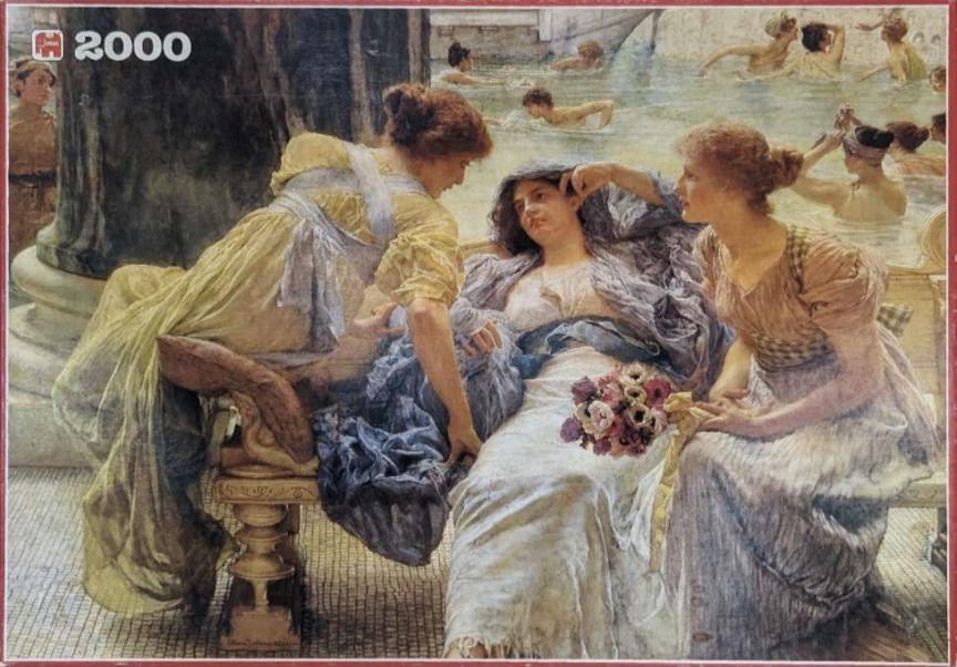 Classical oil painting of three women in period dress near a Roman-style bath, with bathers in the water behind them.