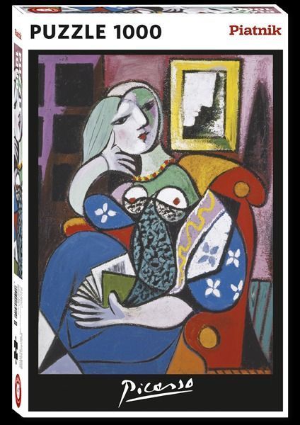 Picasso cubist painting of a woman sitting in a red armchair, holding a book or fan.