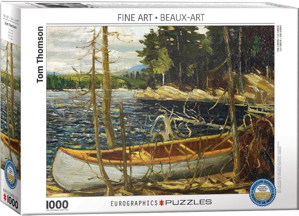 Oil painting of a canoe resting on the shore of a lake by Tom Thomson